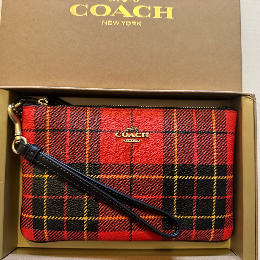 NIB COACH RED PLAID WRISTLET WALLET ZIPPER POUCH Small black CF236b